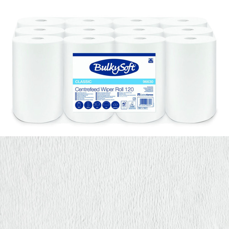 Ręcznik papierowy bezpyłowy 120m mini bez kleju bez smug biały 1 warstwa w roli do systemu one-to-one Bulkysoft Classic 12 rolek
