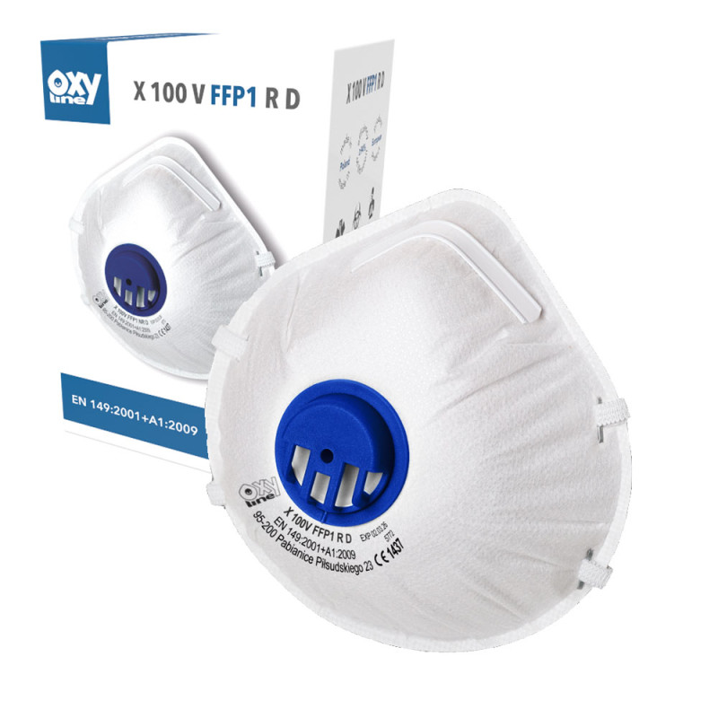 Maska z filtrem ffp1 z zaworkiem Oxyline X 100 V FFP1 R D kolor biały 10 szt