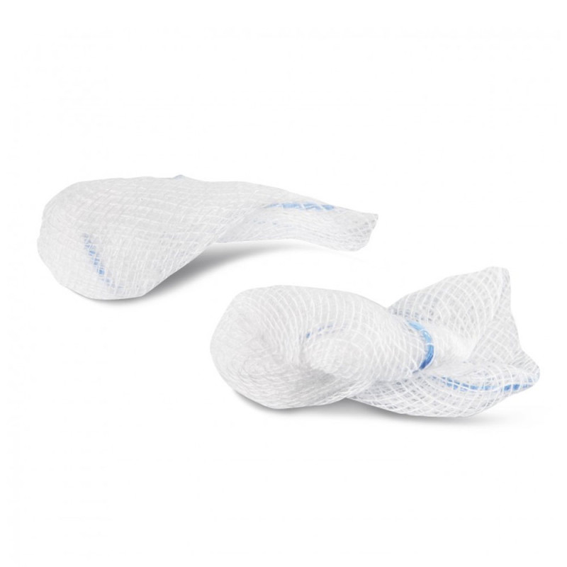 Tupfer jałowy z gazy z nitką RTG 15cm x 15cm fasolka 17 nitek 10szt blister + TAG